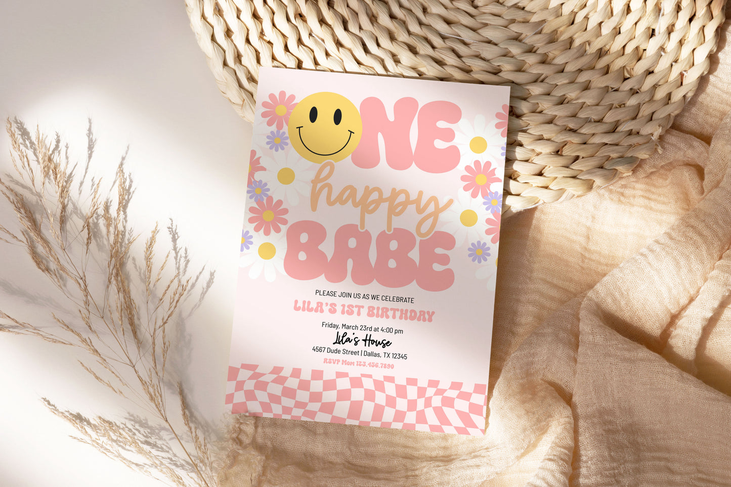 Editable Template ONE HAPPY BABE Birthday Invitation |  1st Birthday Invitation | Smiley Face Birthday Invitation | Groovy retro Invite