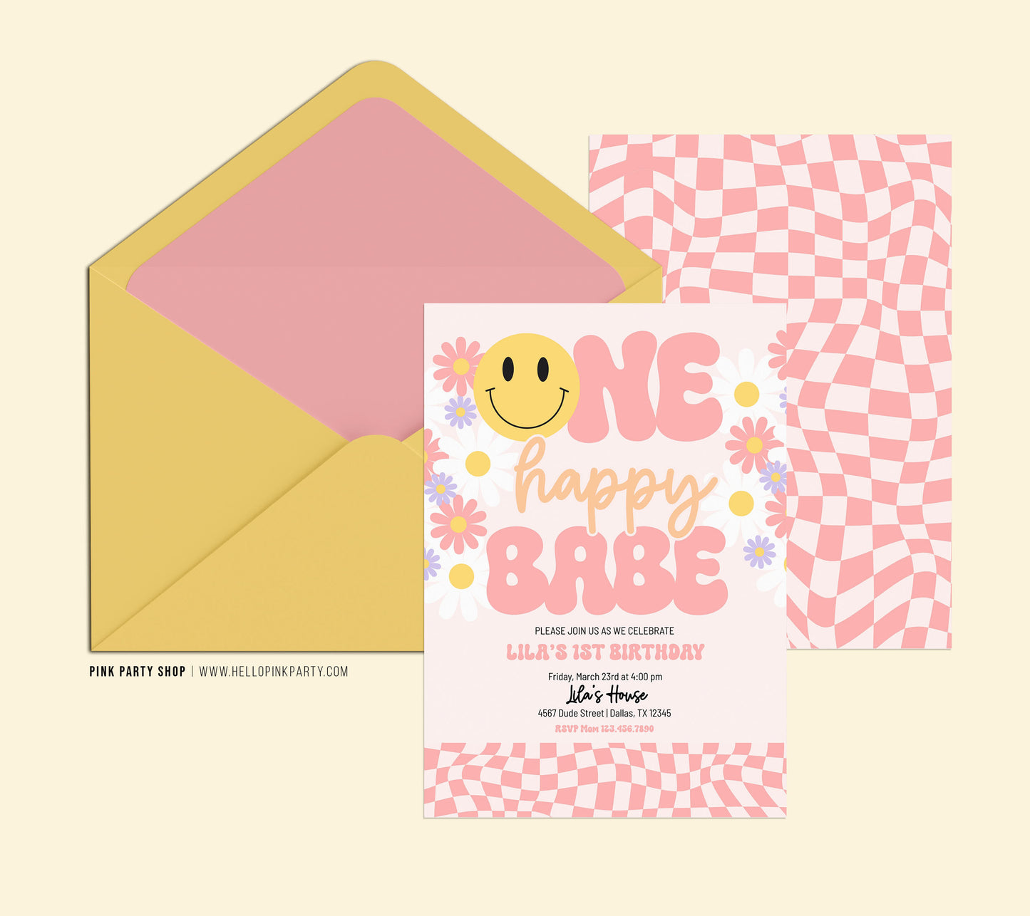 Editable Template ONE HAPPY BABE Birthday Invitation |  1st Birthday Invitation | Smiley Face Birthday Invitation | Groovy retro Invite