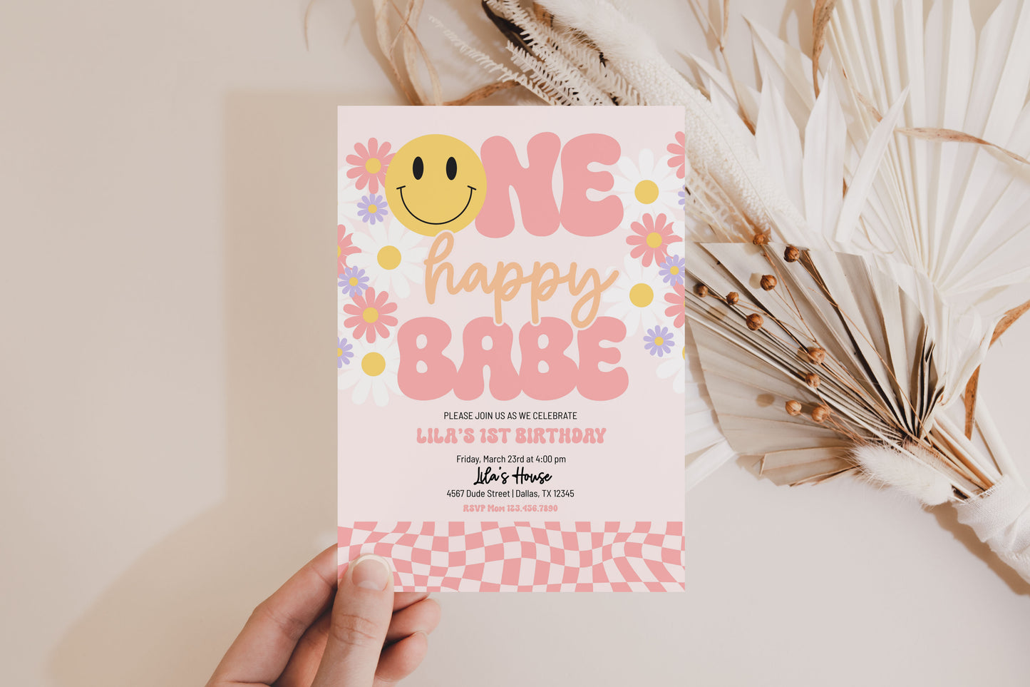 Editable Template ONE HAPPY BABE Birthday Invitation |  1st Birthday Invitation | Smiley Face Birthday Invitation | Groovy retro Invite