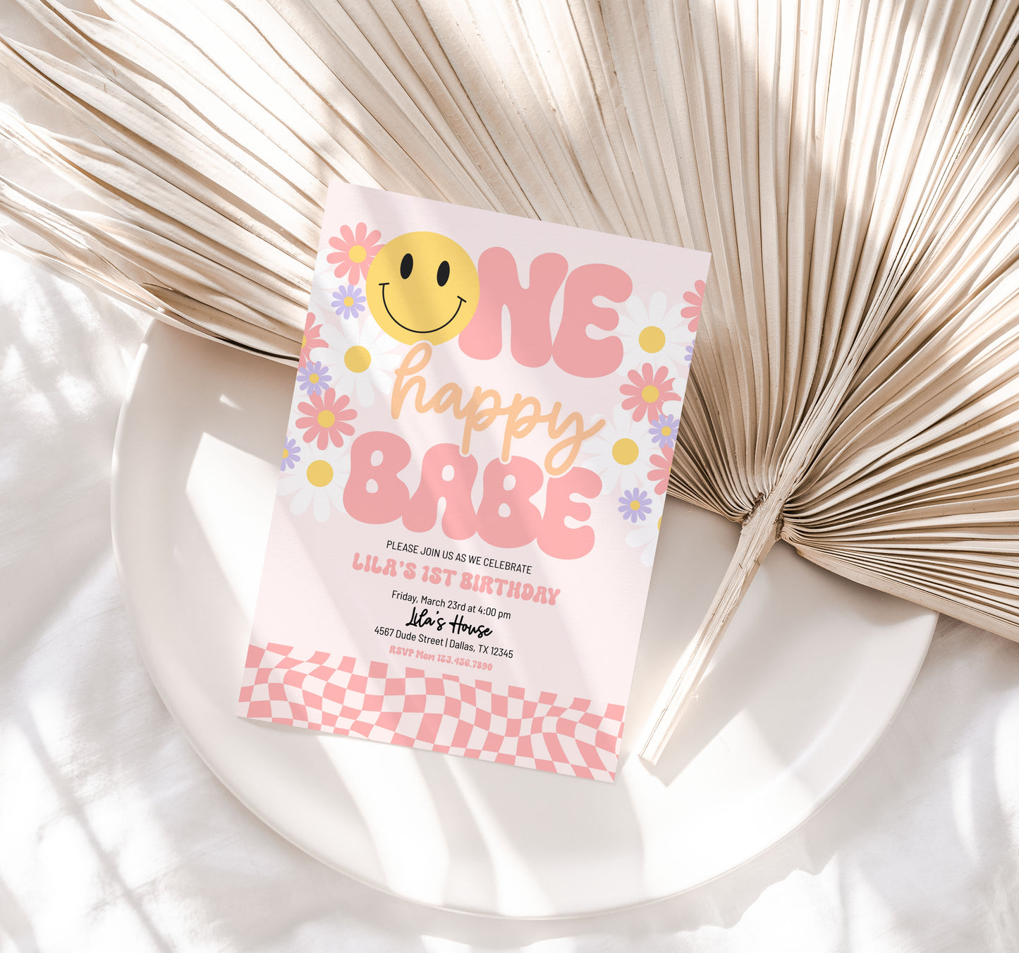 Editable Template ONE HAPPY BABE Birthday Invitation |  1st Birthday Invitation | Smiley Face Birthday Invitation | Groovy retro Invite