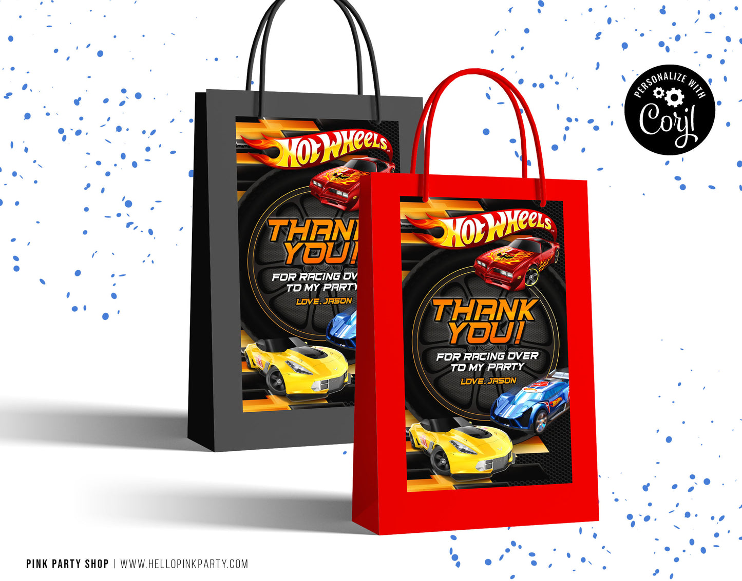 HOT WHEELS RACE CARS FAVOR GIFT TAG THANK YOU CARD EDITABLE TEMPLATE