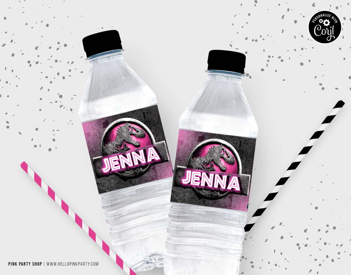 JURASSIC PARK PINK EDITABLE WATER LABEL WRAPPERS DESIGN