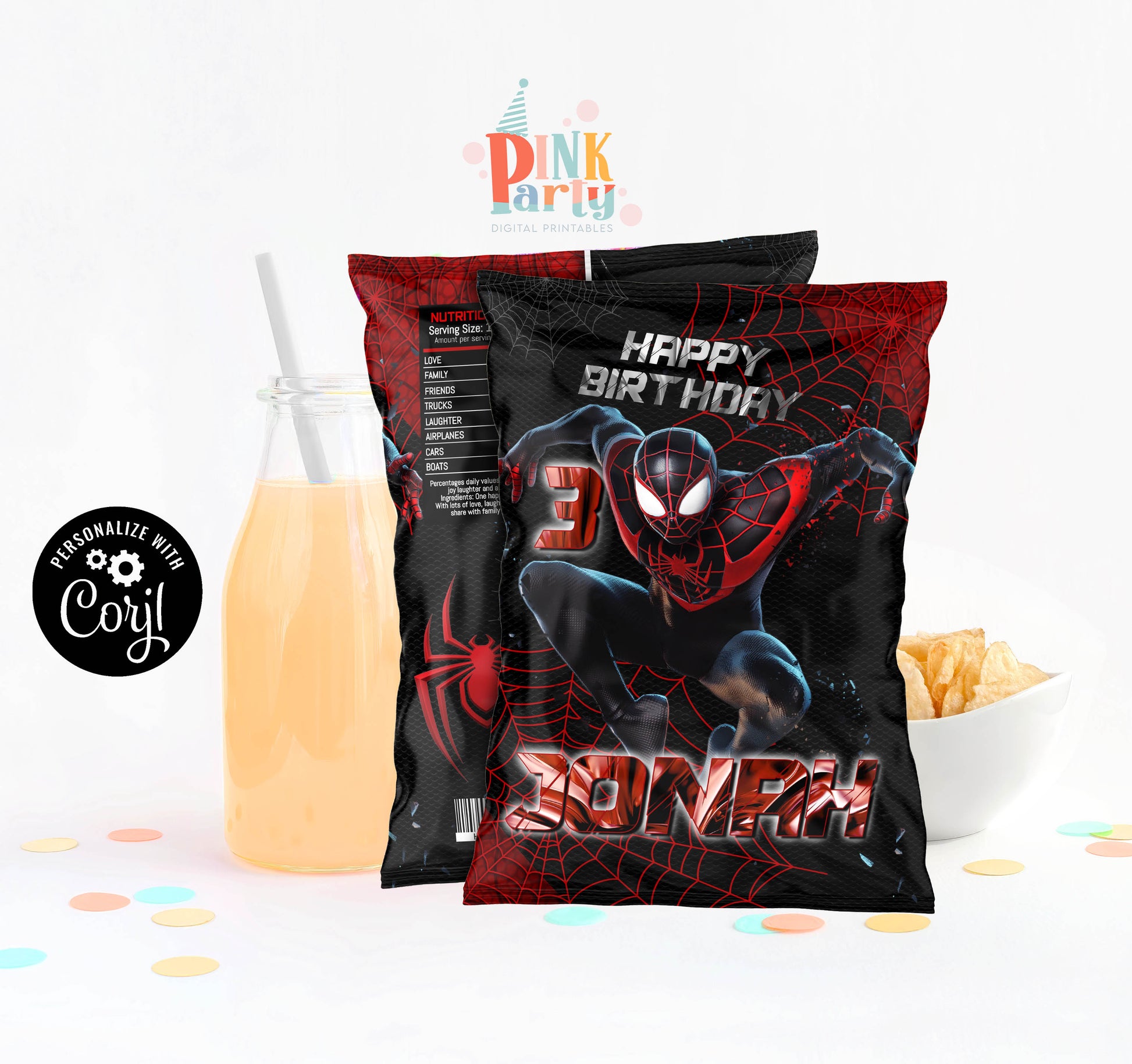 Miles Morales Spiderman Birthday Party Pack Chip Bag Lollipop Favor Bag  Juice Water Bottle Candy Bar Printables DIGITAL DOWNLOAD 