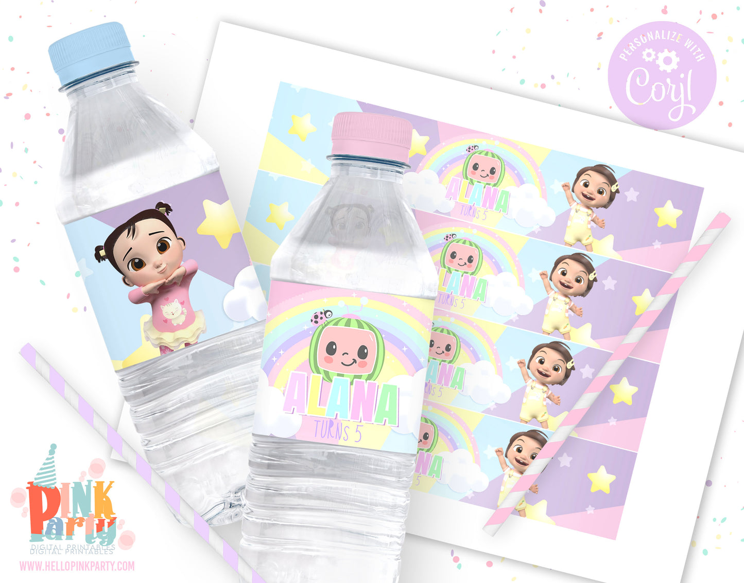 COCOMELON PASTEL WATER LABELS EDITABLE TEMPLATE