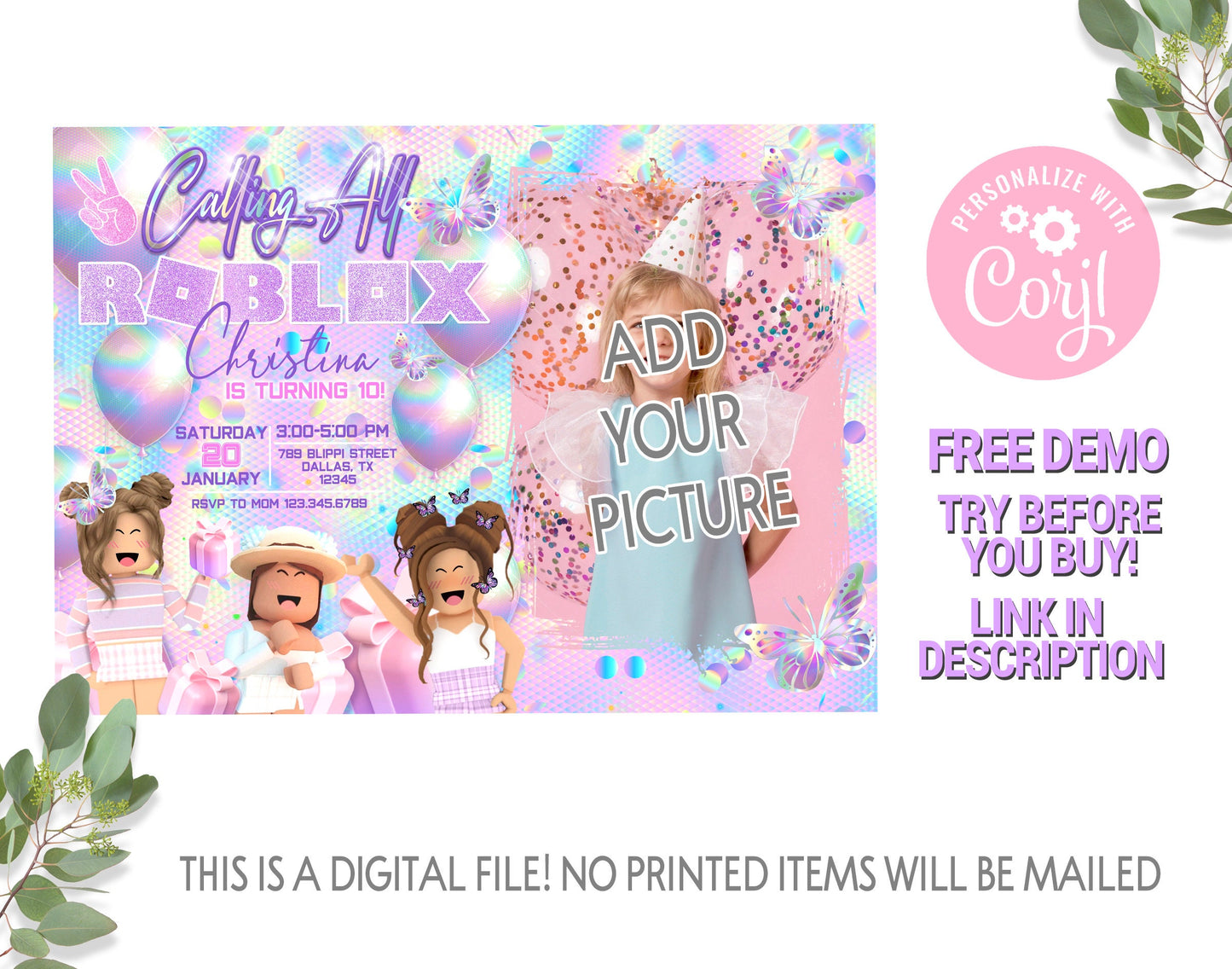 ROBLOX GIRL EDITABLE TEMPLATE INVITATION