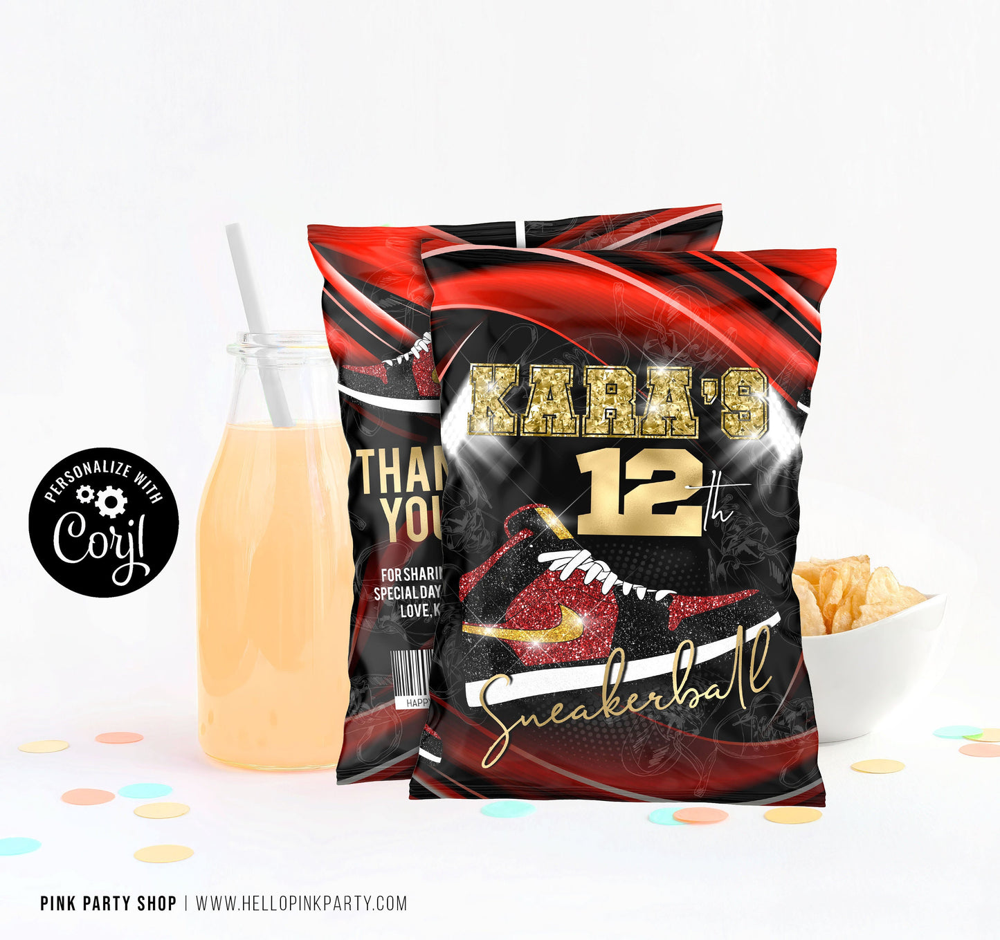 Sneakers Birthday Party Bundle Kit, Template Printable, Sneaker Ball Birthday chip bag, Corjl Editable labels Kids party Kit Bundle editable