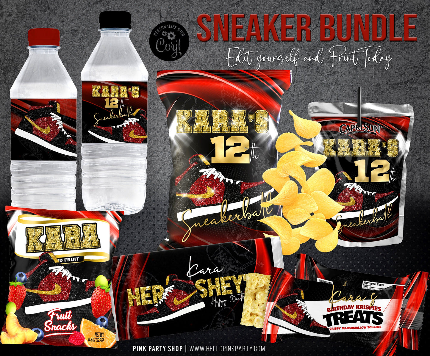 Sneakers Birthday Party Bundle Kit, Template Printable, Sneaker Ball Birthday chip bag, Corjl Editable labels Kids party Kit Bundle editable