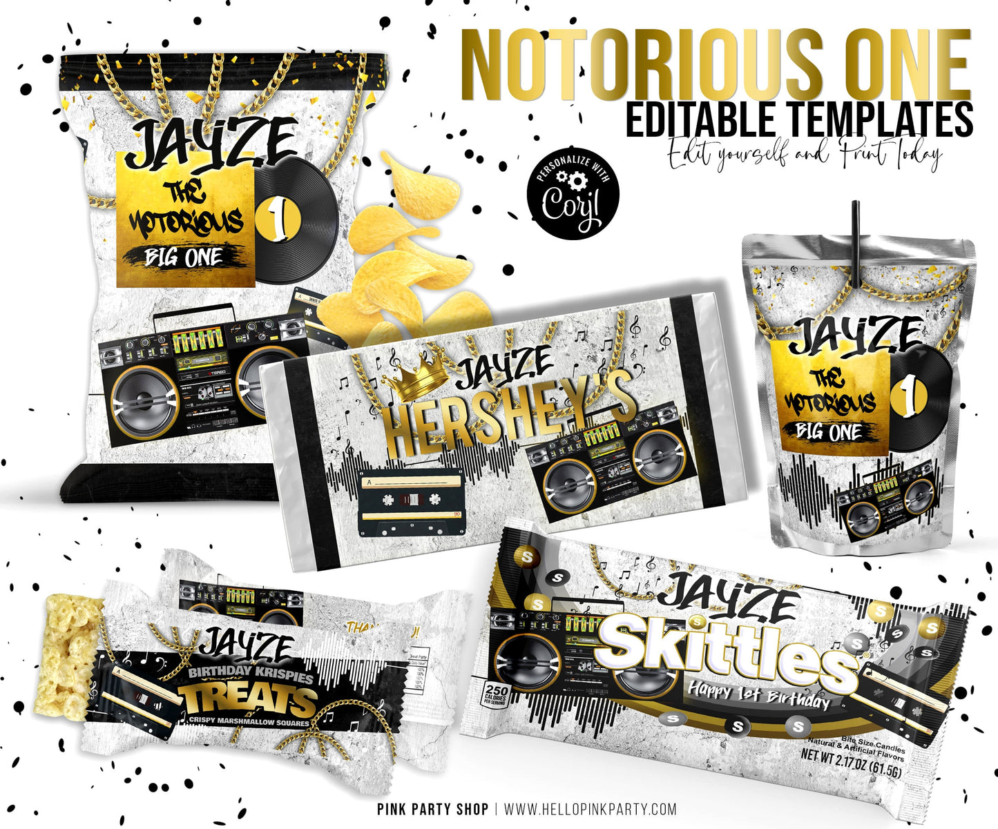 Notorious One Birthday Party Bundle Kit, Template Printable, Hip hop Birthday chip bag, Corjl Editable Hip Hop Custom party favors labels