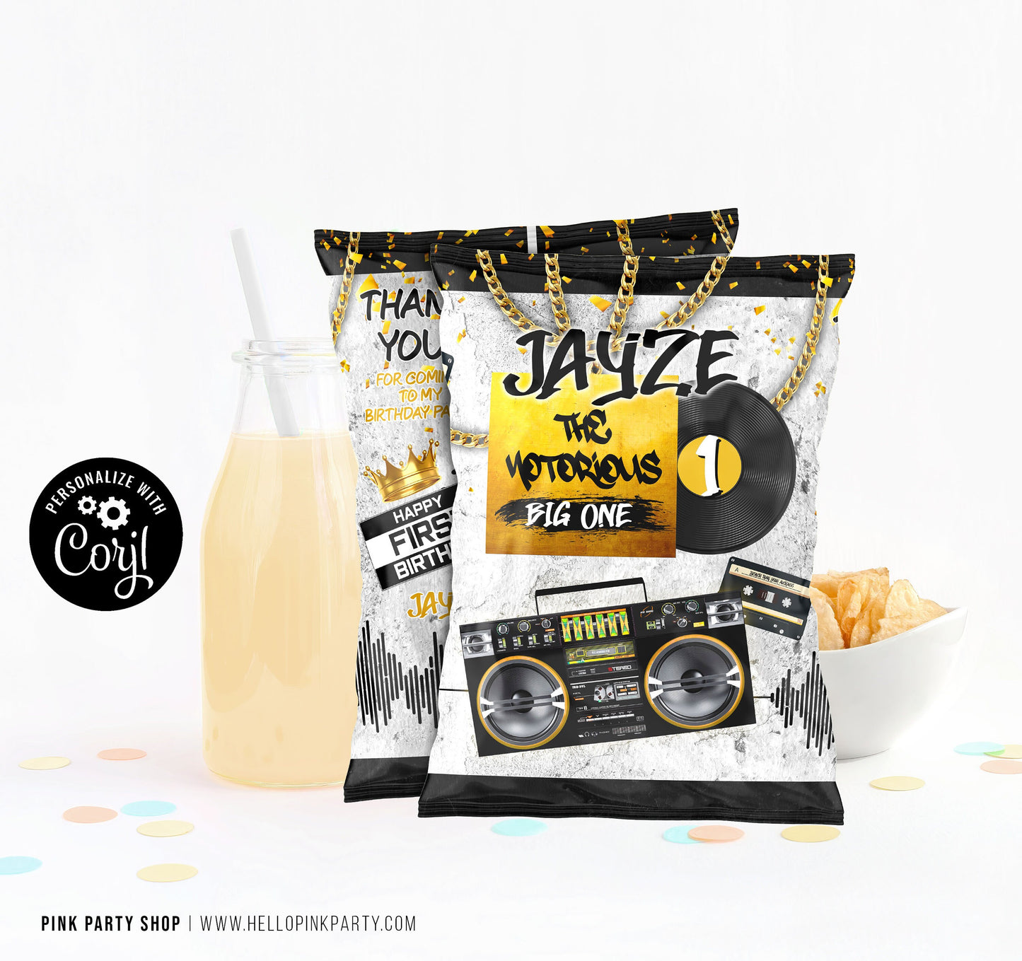 Notorious One Birthday Party Bundle Kit, Template Printable, Hip hop Birthday chip bag, Corjl Editable Hip Hop Custom party favors labels