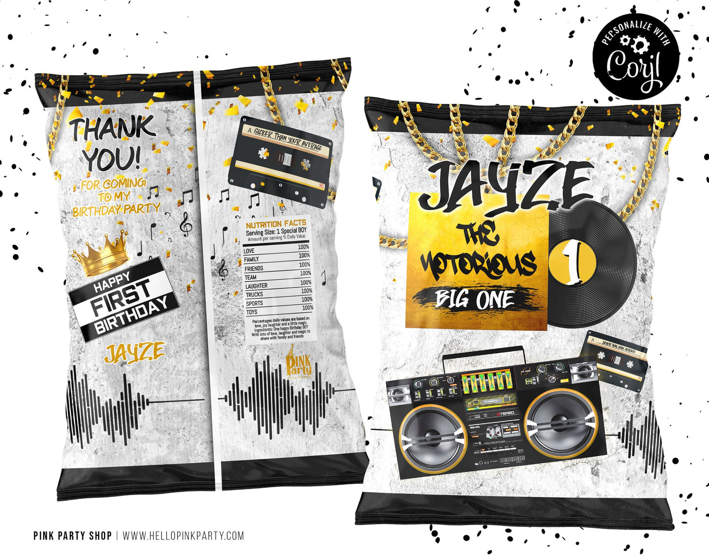 Notorious One Birthday Party Bundle Kit, Template Printable, Hip hop Birthday chip bag, Corjl Editable Hip Hop Custom party favors labels