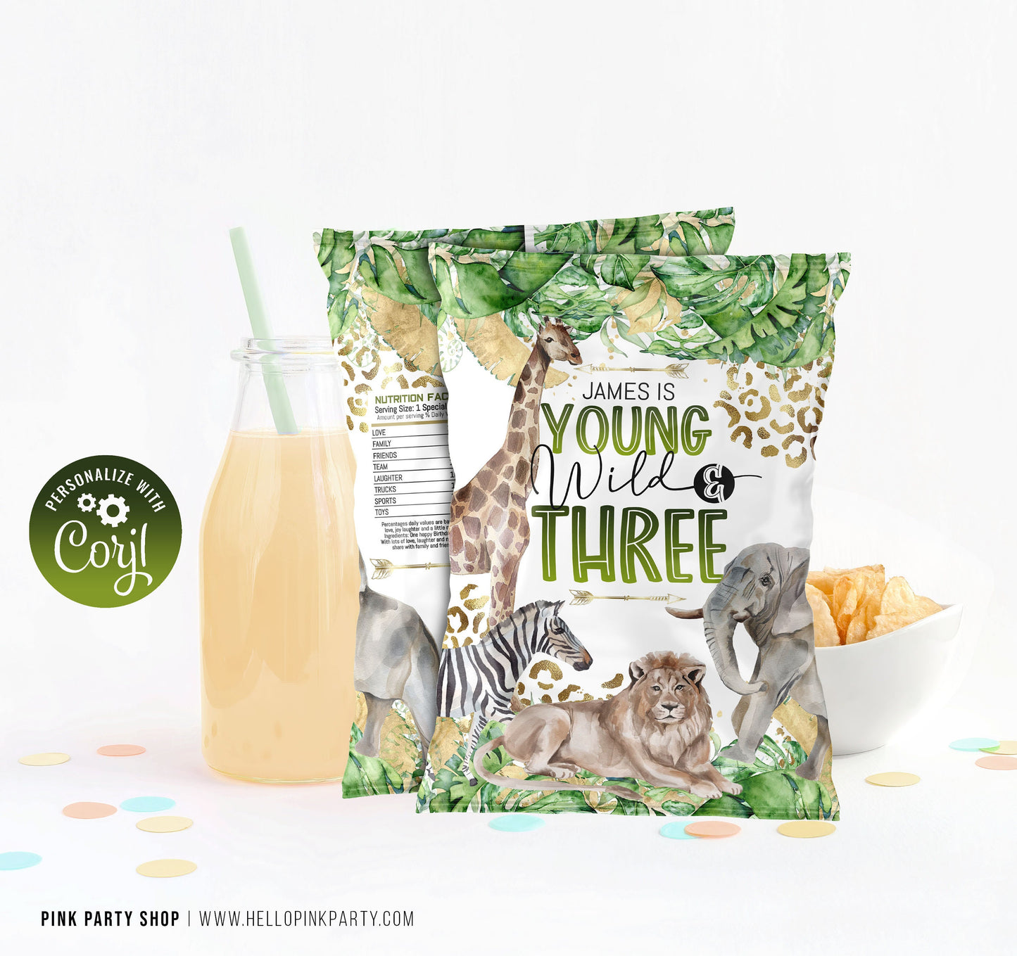 Young & Wild Birthday Party Bundle Kit, Template Printable, Safari jungle Birthday chip bag, Editable labels, printable party favors labels