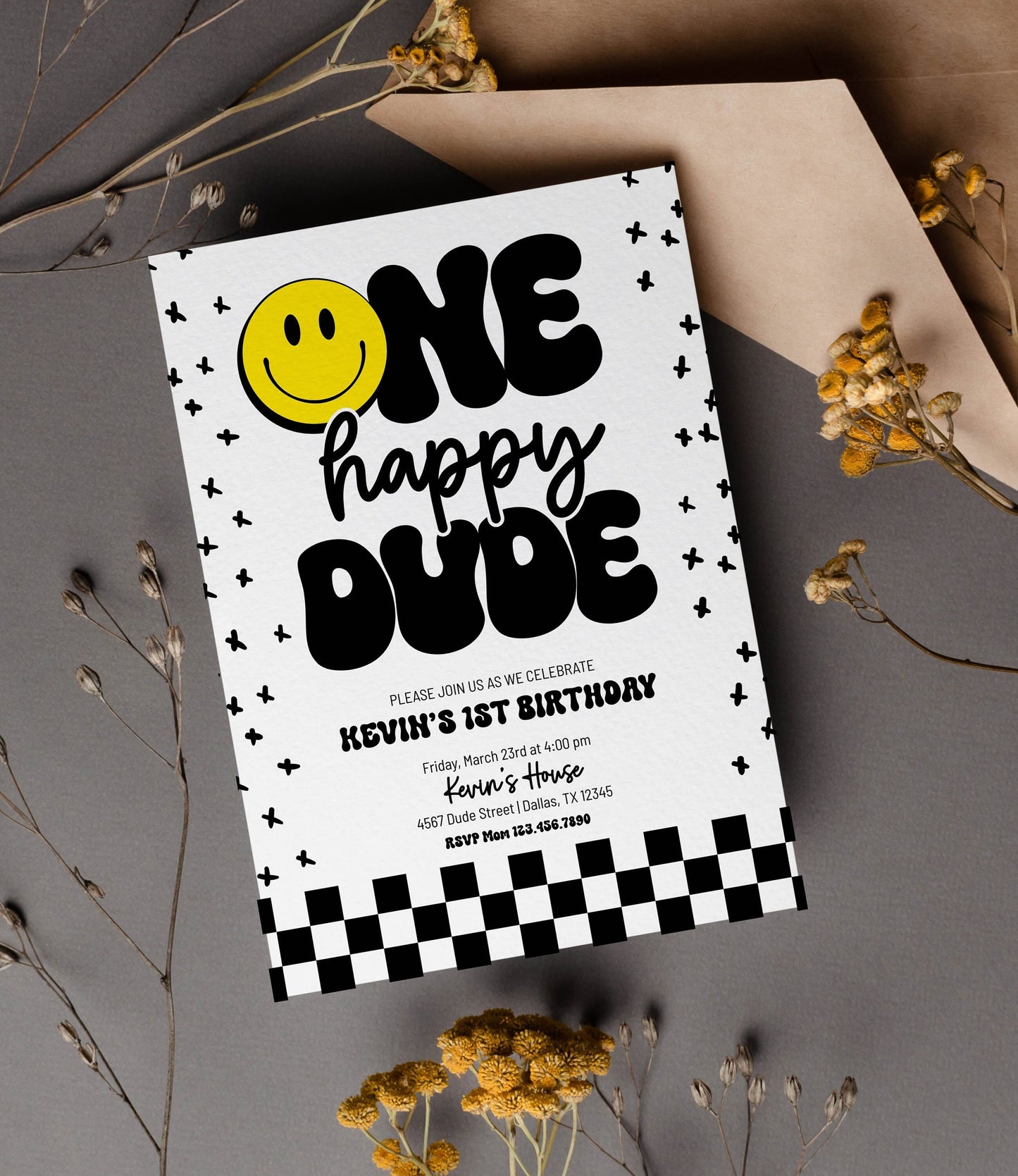 Editable Template ONE HAPPY DUDE Birthday Invitation |  1st Birthday Invitation | Smiley Face Birthday Invitation | Happy Dude Invite