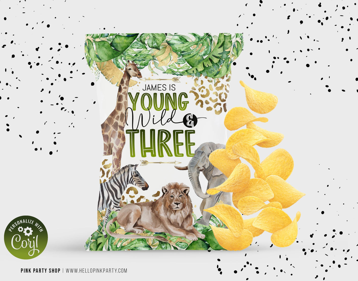 Young & Wild Birthday Party Bundle Kit, Template Printable, Safari jungle Birthday chip bag, Editable labels, printable party favors labels