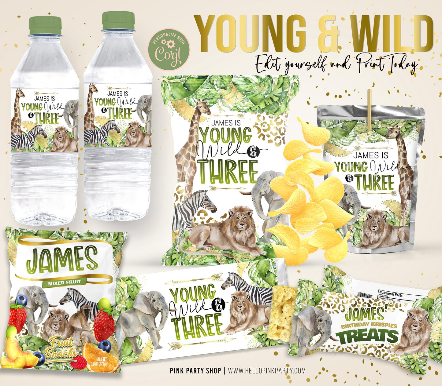 Young & Wild Birthday Party Bundle Kit, Template Printable, Safari jungle Birthday chip bag, Editable labels, printable party favors labels