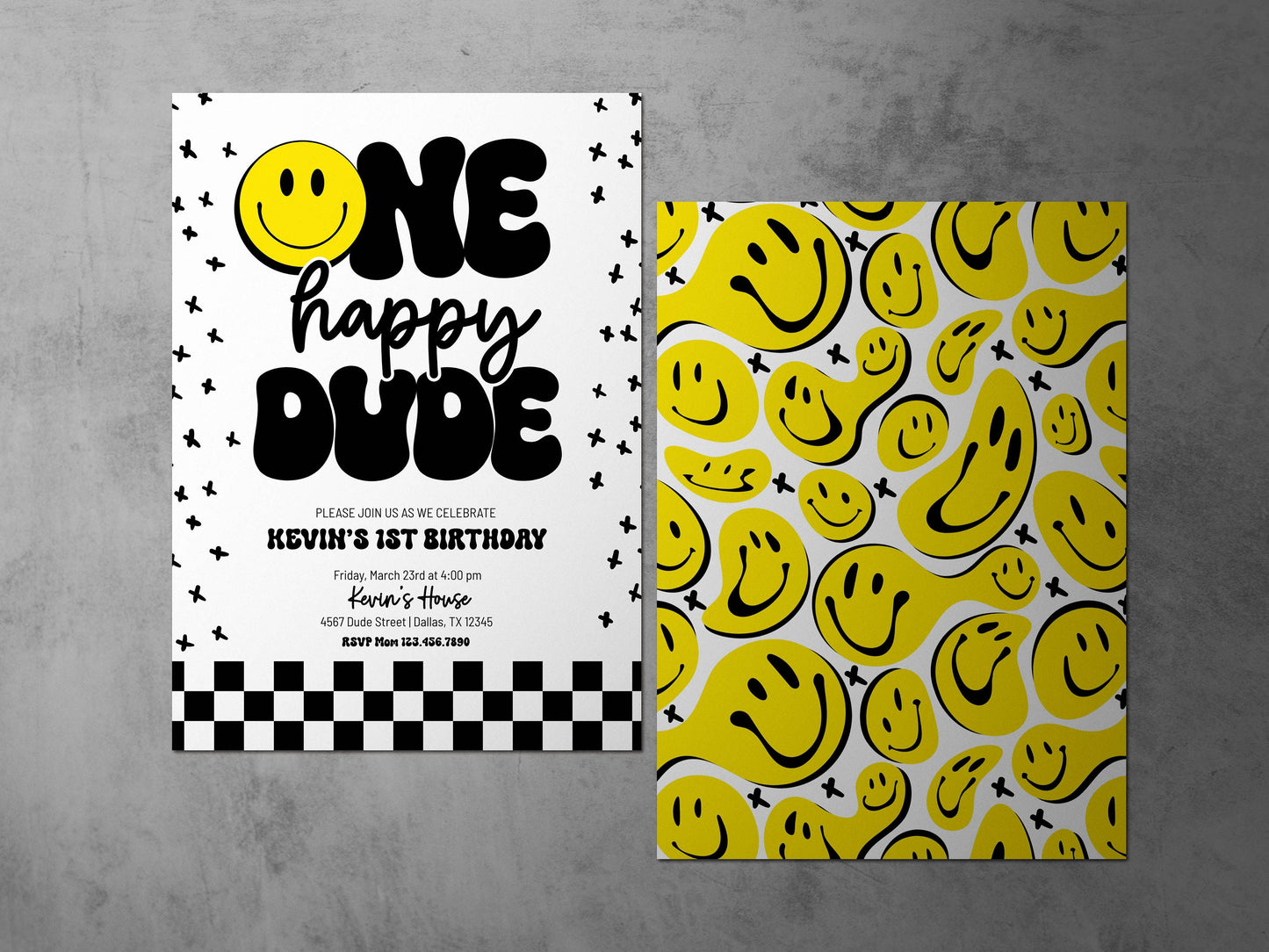 Editable Template ONE HAPPY DUDE Birthday Invitation |  1st Birthday Invitation | Smiley Face Birthday Invitation | Happy Dude Invite