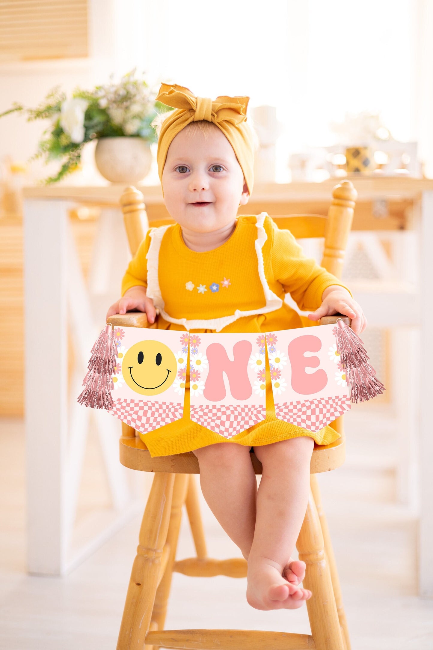 Editable ONE HAPPY BABE Birthday High chair garland banner Sign