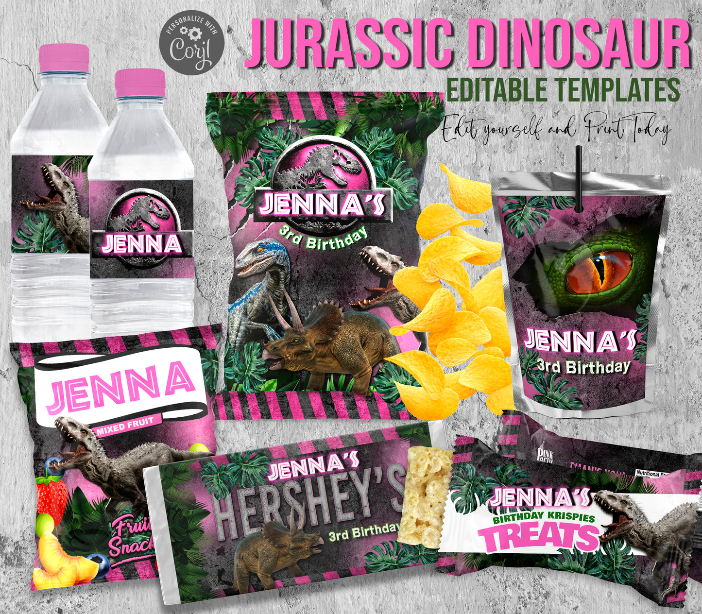 JURASSIC PRINTABLE EDITABLE PARTY BUNDLE KIT